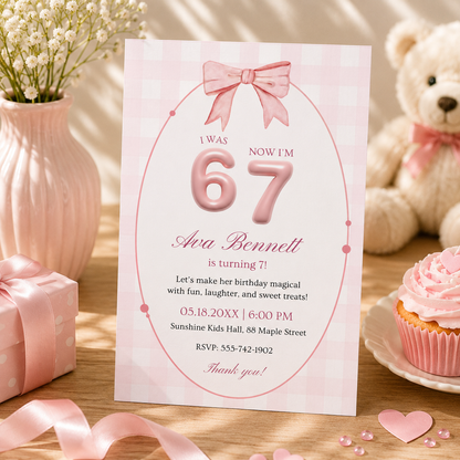 Printable 67 coquette birthday invitation for a girl turning 7, editable in Canva