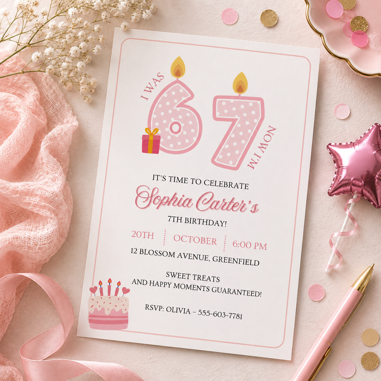 Printable 67 birthday invitation for a girl turning 7 with polka dot candles, editable in Canva
