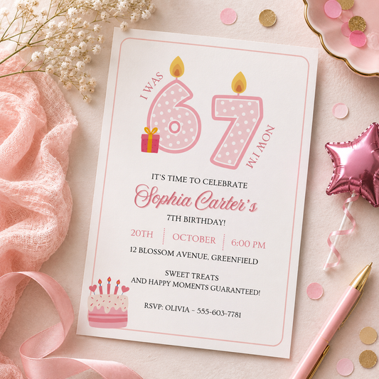 Printable 67 birthday invitation for a girl turning 7 with polka dot candles, editable in Canva