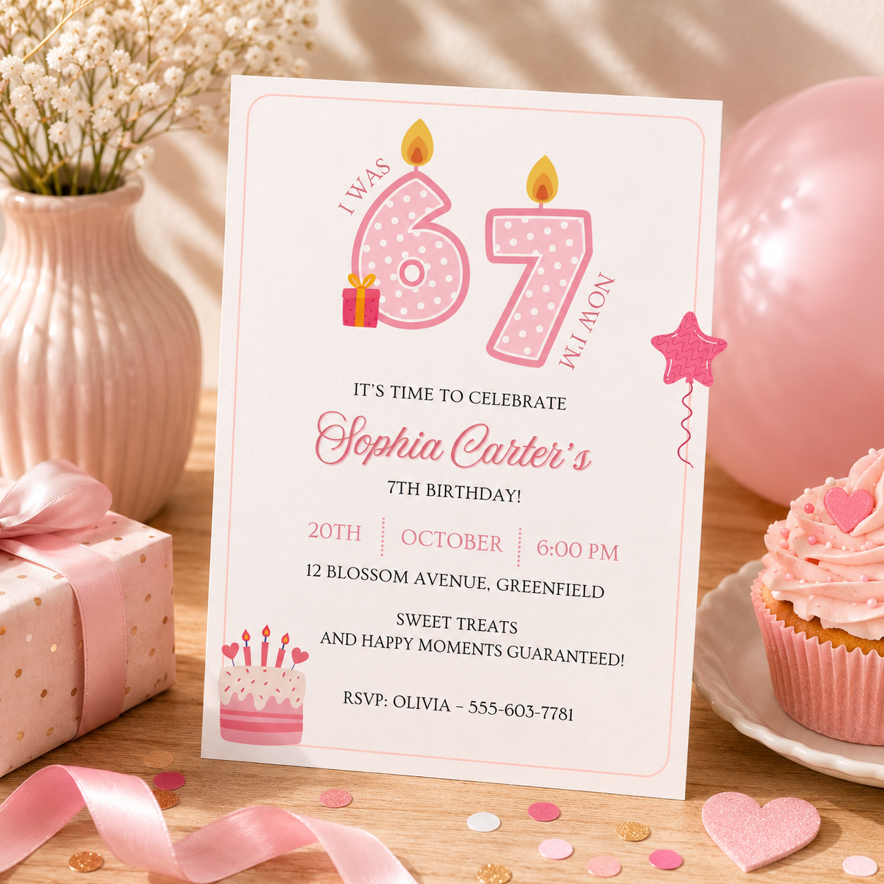 Pink candles 6 7 birthday invitation for girls with cake and a star balloon