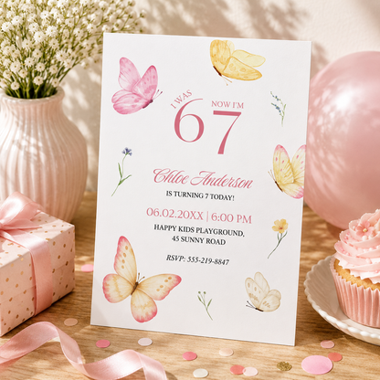 Printable 67 butterfly birthday invitation for a girl turning 7, editable in Canva