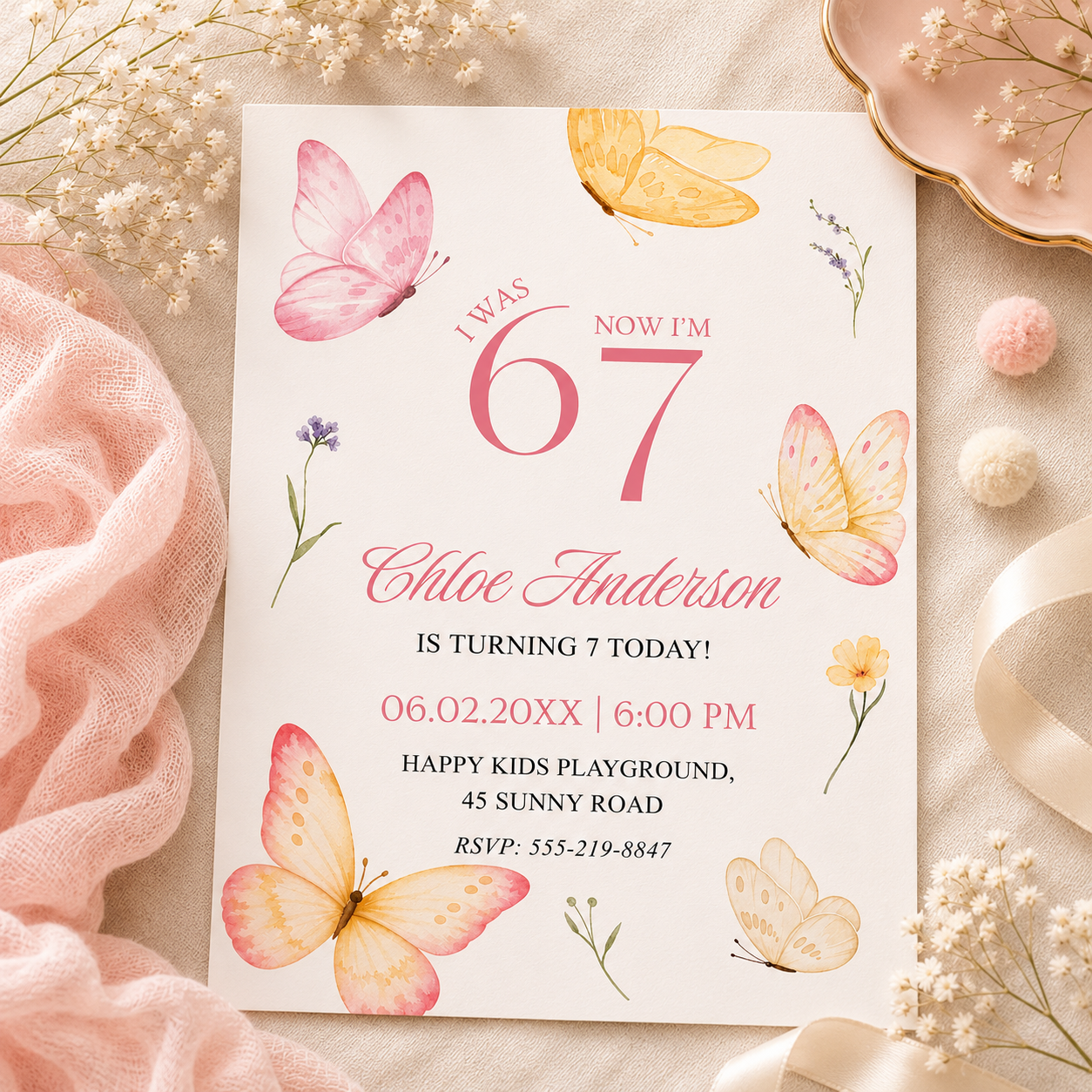 Butterfly 6 7 birthday invitation for girls with watercolor butterflies and wildflowers