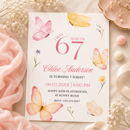 Butterfly 6 7 birthday invitation for girls with watercolor butterflies and wildflowers