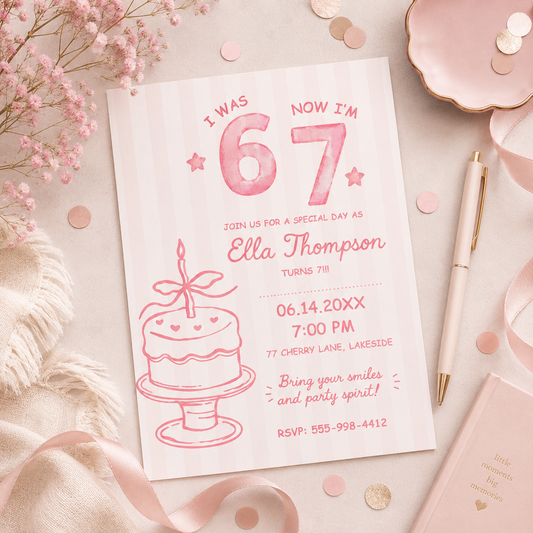 Pink stripe 6 7 birthday invitation for girls with a hand drawn cake and bow
