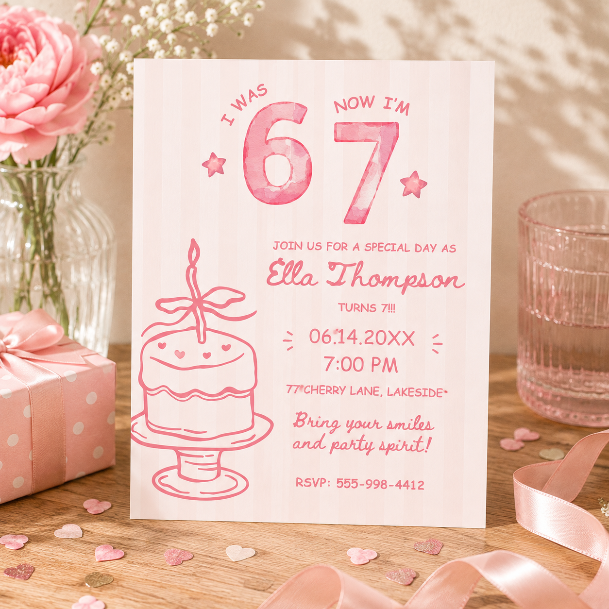 Printable 67 birthday invitation for a girl turning 7 in soft pink stripes, editable in Canva