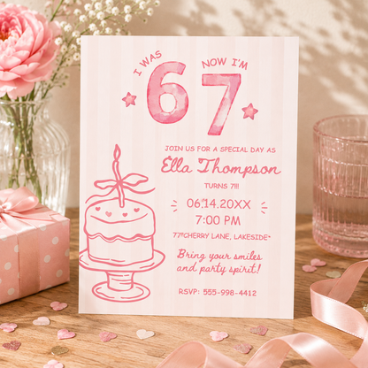 Printable 67 birthday invitation for a girl turning 7 in soft pink stripes, editable in Canva