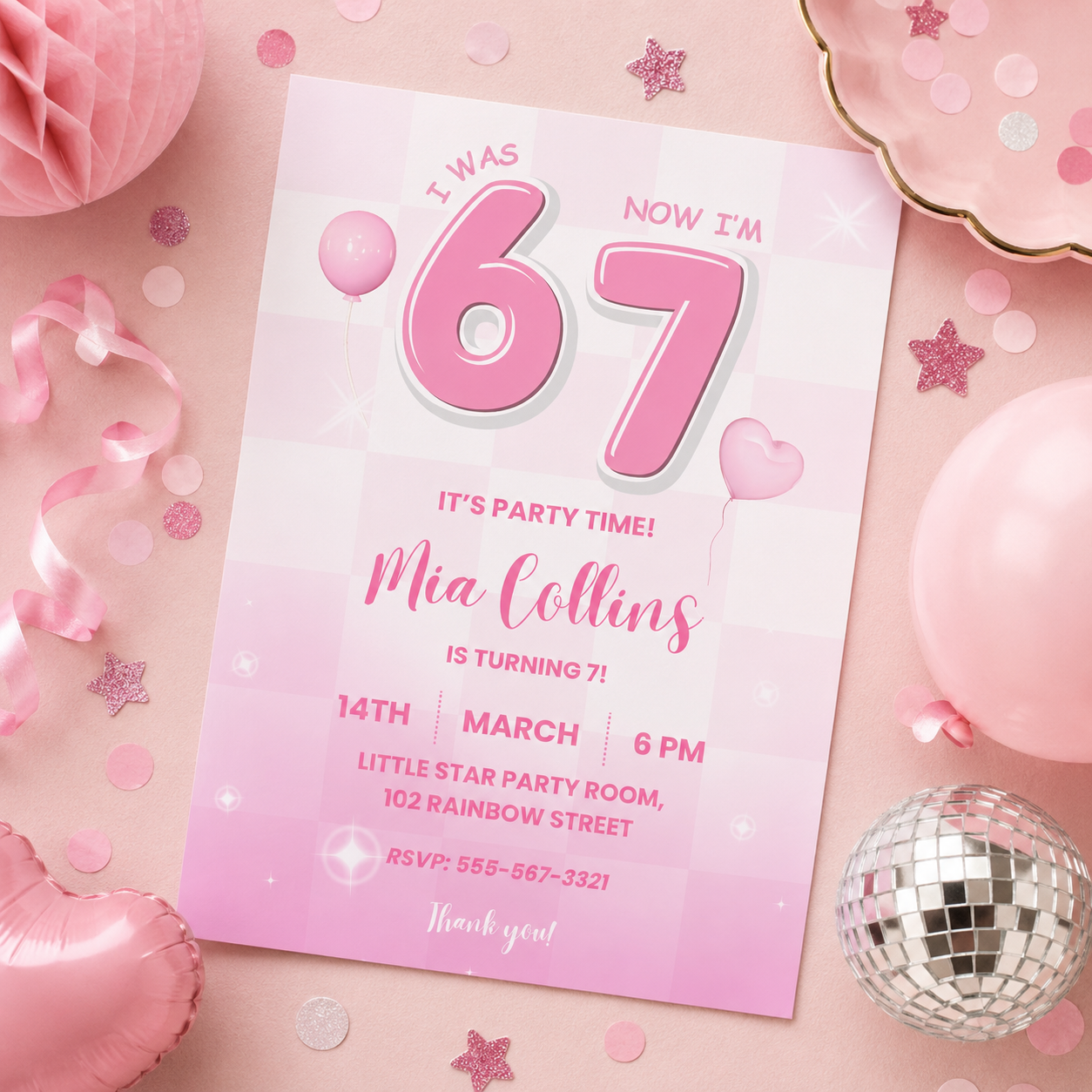 Printable 67 birthday invitation for a girl turning 7 in bright pink checkerboard, editable in Canva