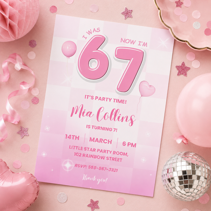 Printable 67 birthday invitation for a girl turning 7 in bright pink checkerboard, editable in Canva
