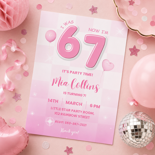 Printable 67 birthday invitation for a girl turning 7 in bright pink checkerboard, editable in Canva