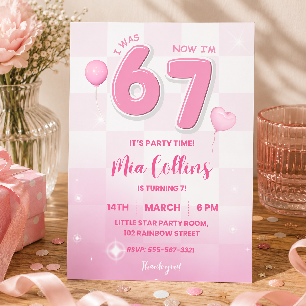 Hot pink 6 7 birthday invitation for girls with glossy balloon numbers and a heart balloon