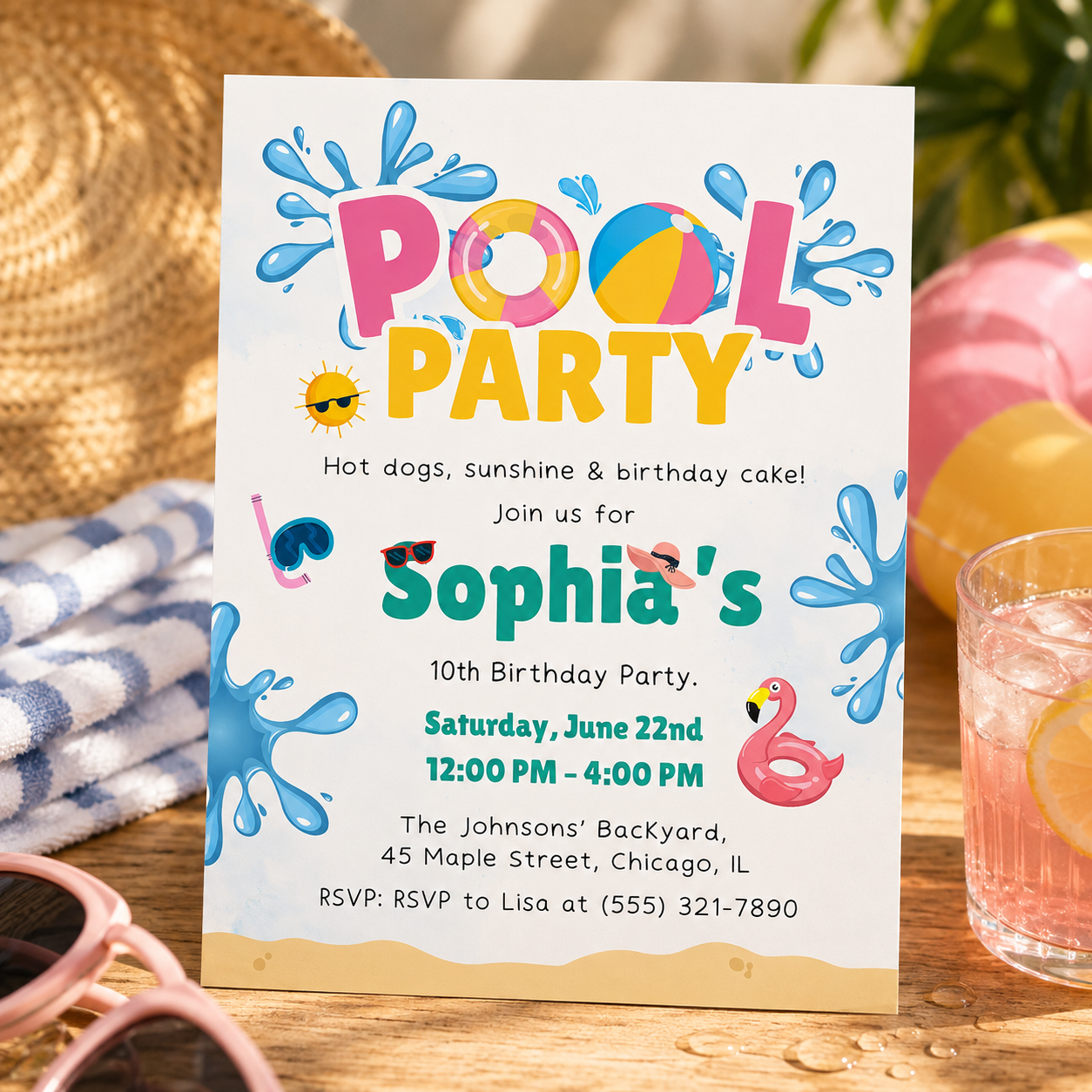 Pool party invitation for kids birthday with beach ball, flamingo float and water splashes