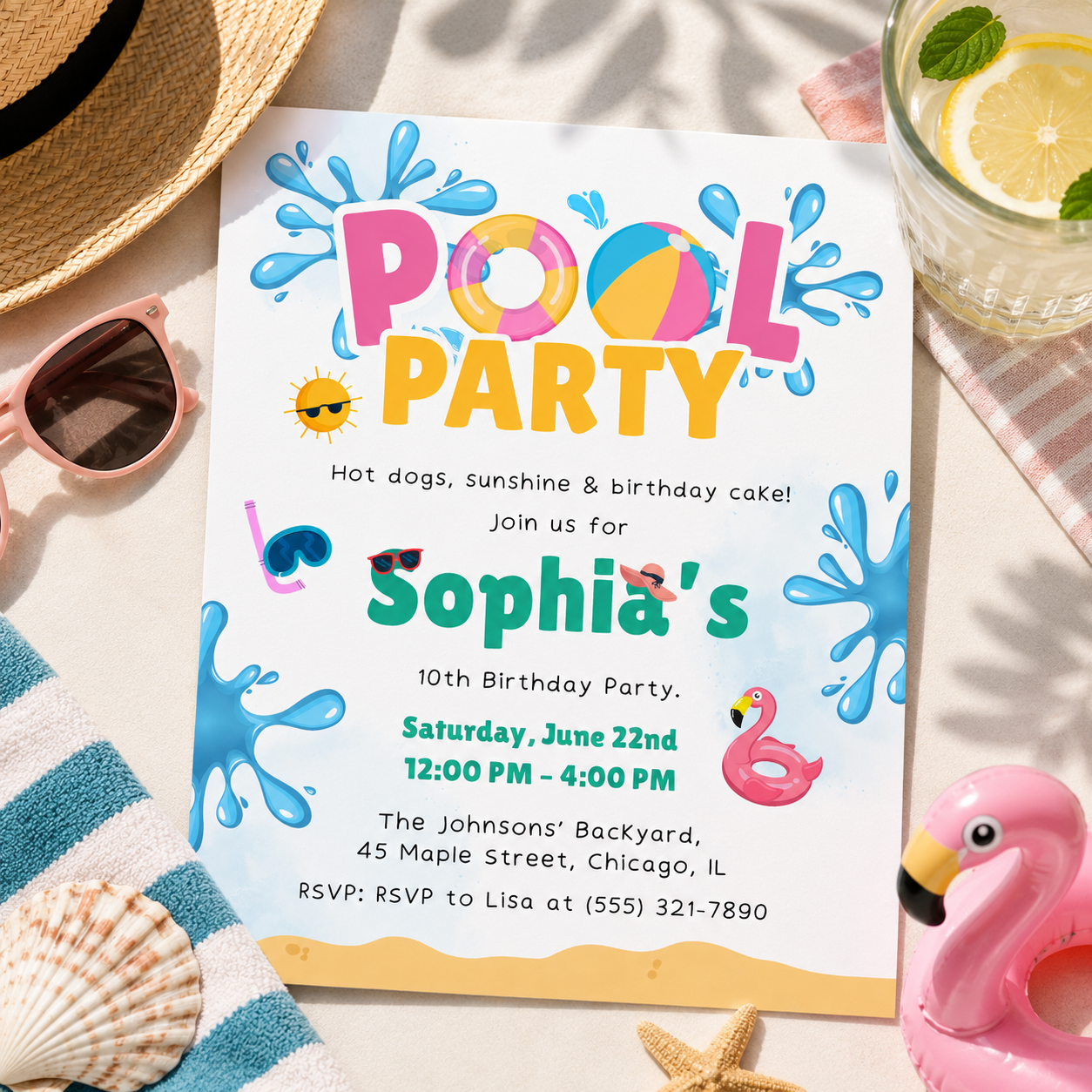 Printable editable pool party birthday invitation template shown as a printed sheet