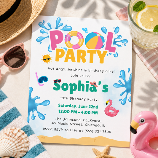 Printable editable pool party birthday invitation template shown as a printed sheet