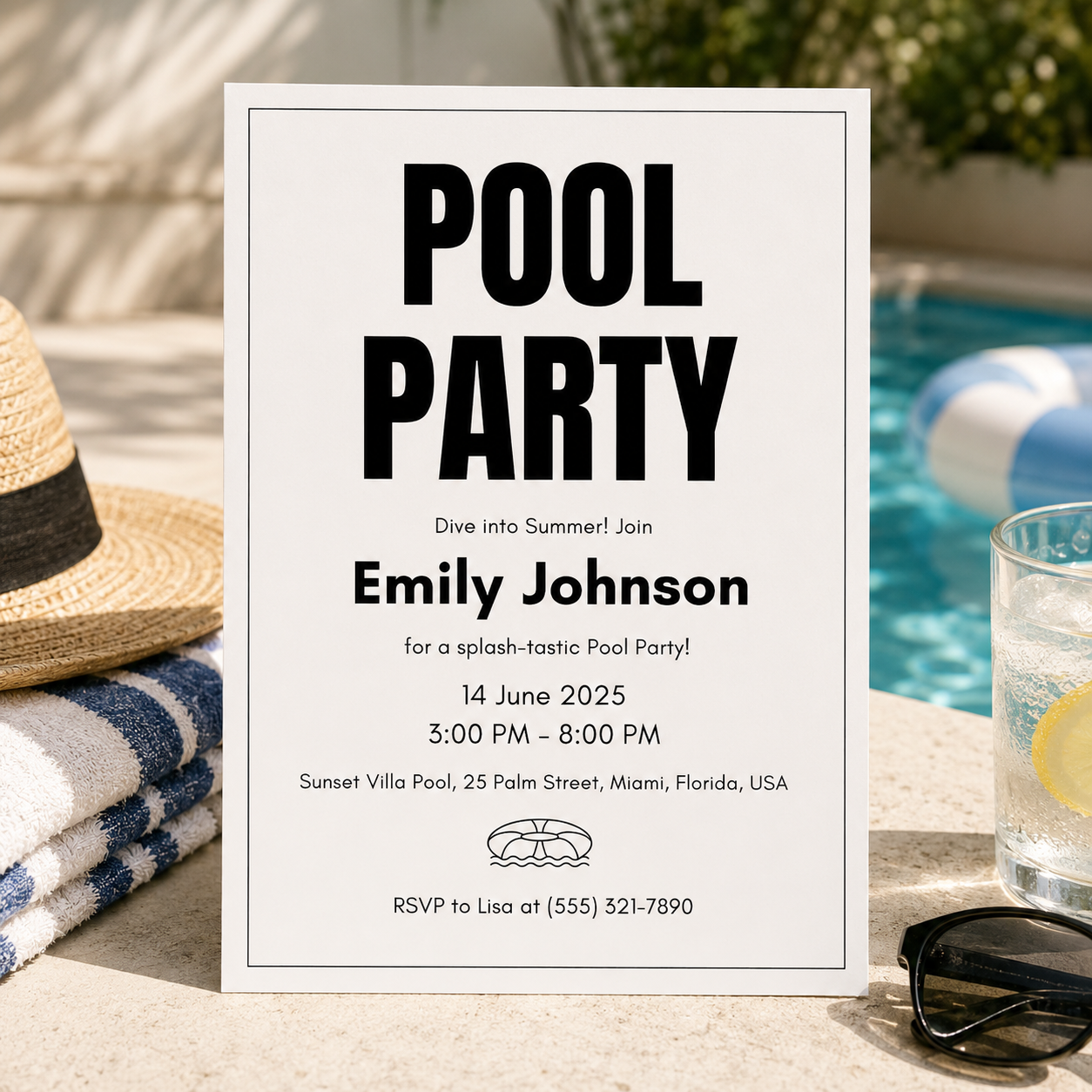 Minimalist black and white pool party invitation with a bold headline and pool ring