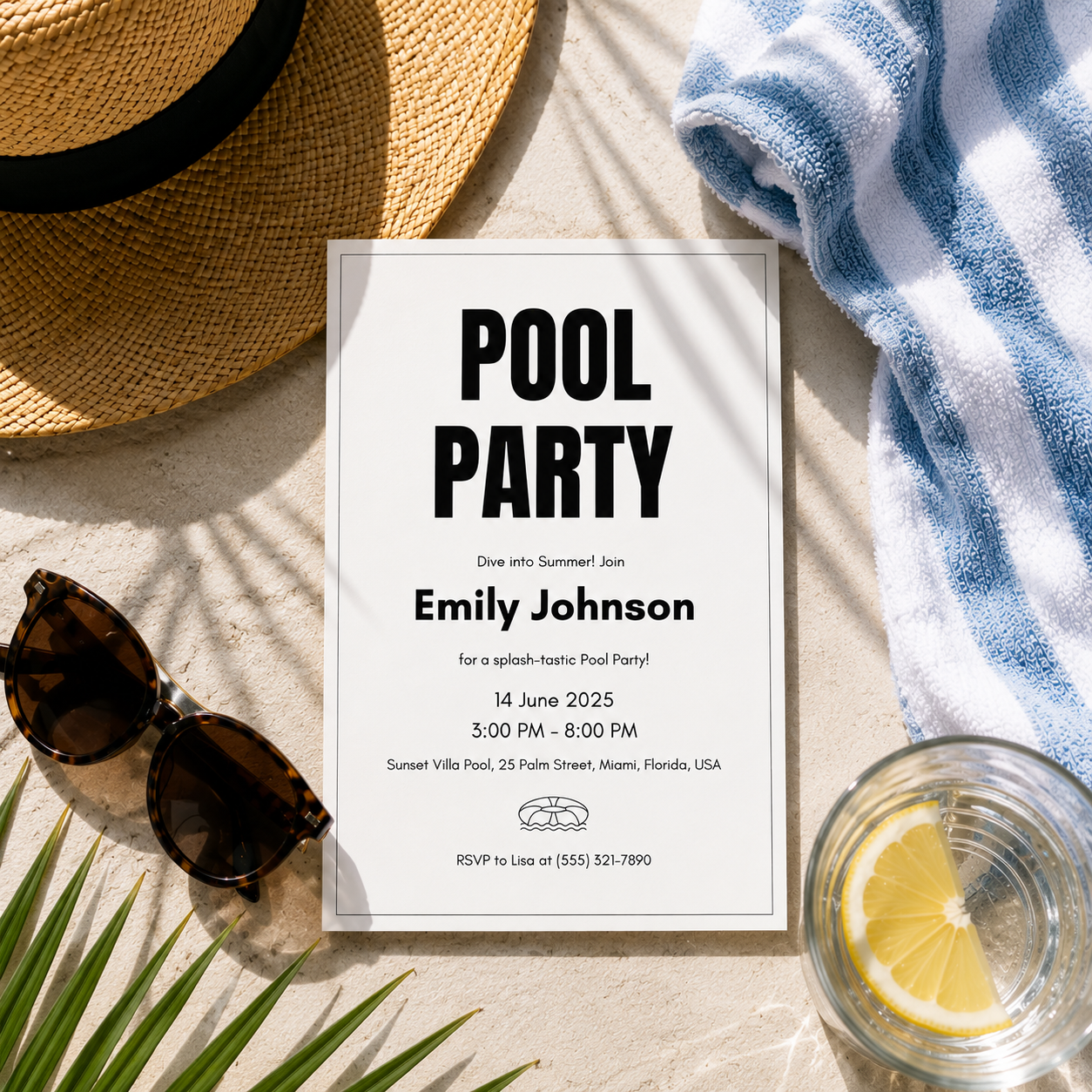 Printable modern pool party invitation template for teens and adults, editable in Canva