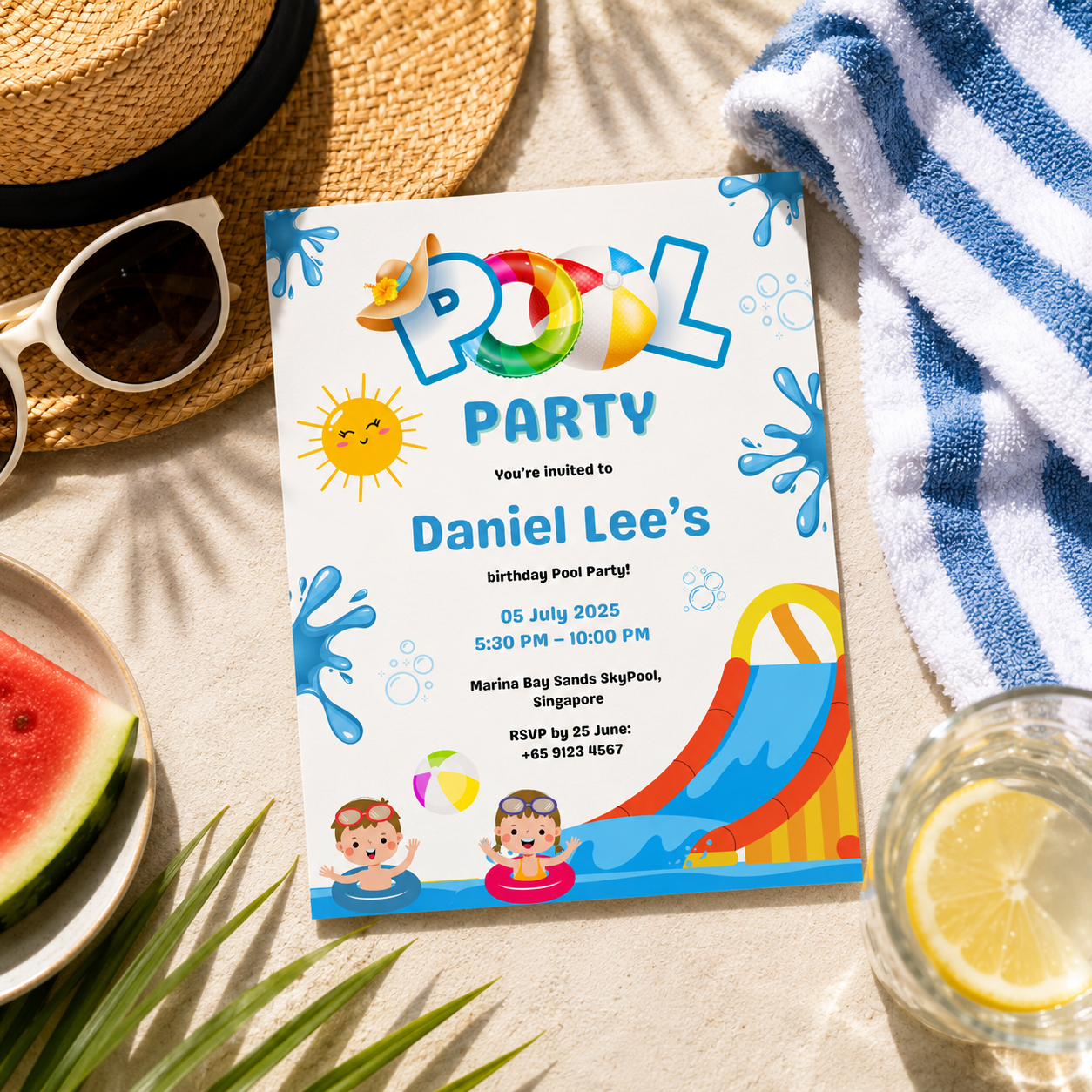 Water slide pool party invitation for kids birthday with slide, floats and a smiling sun