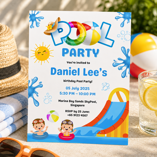 Printable waterslide birthday invitation template shown as a printed sheet, editable in Canva