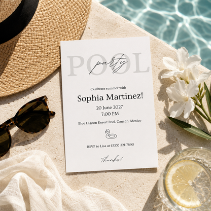 Elegant pool party invitation with a pale serif headline, script detail and flamingo float