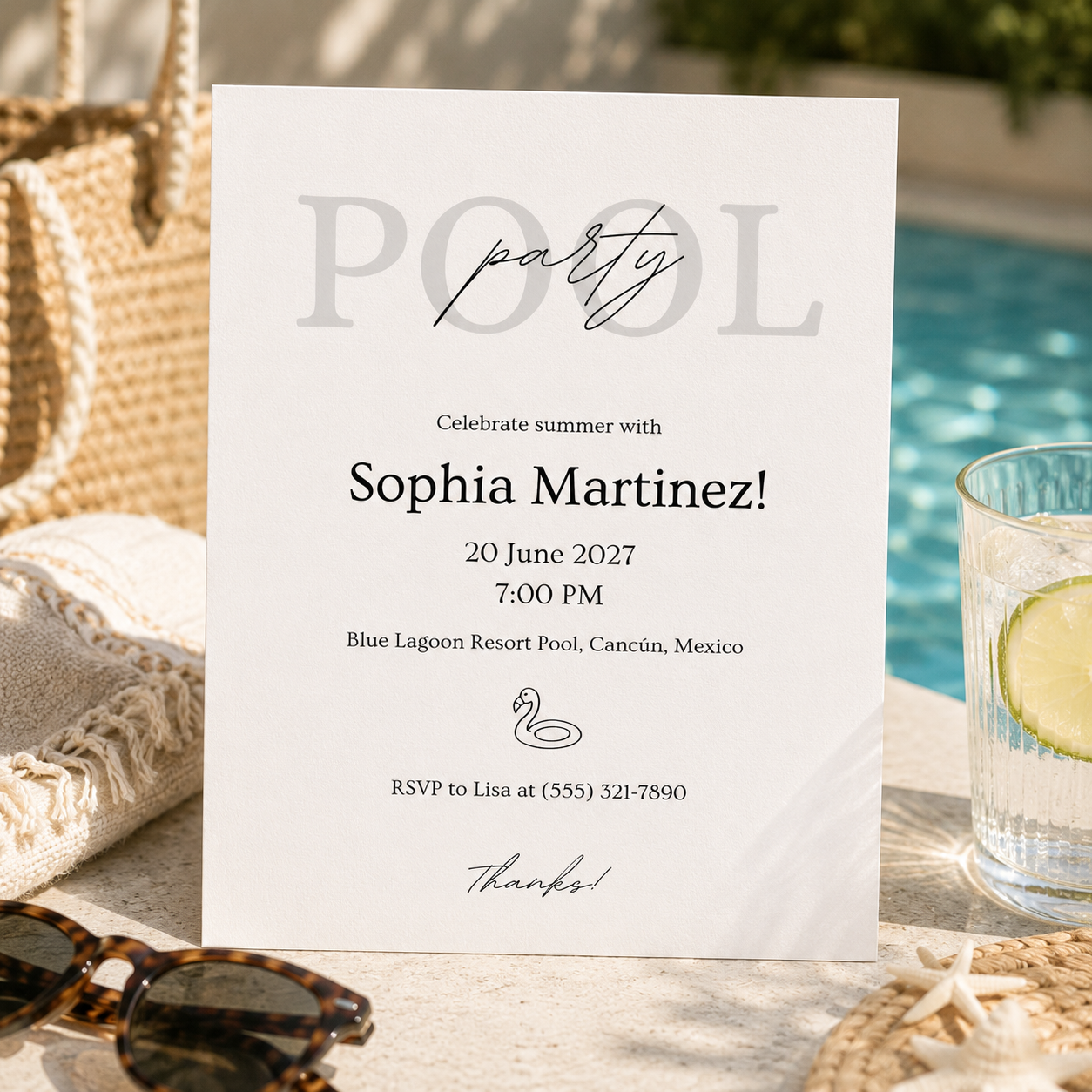 Printable minimalist summer party invitation template for adults, editable in Canva