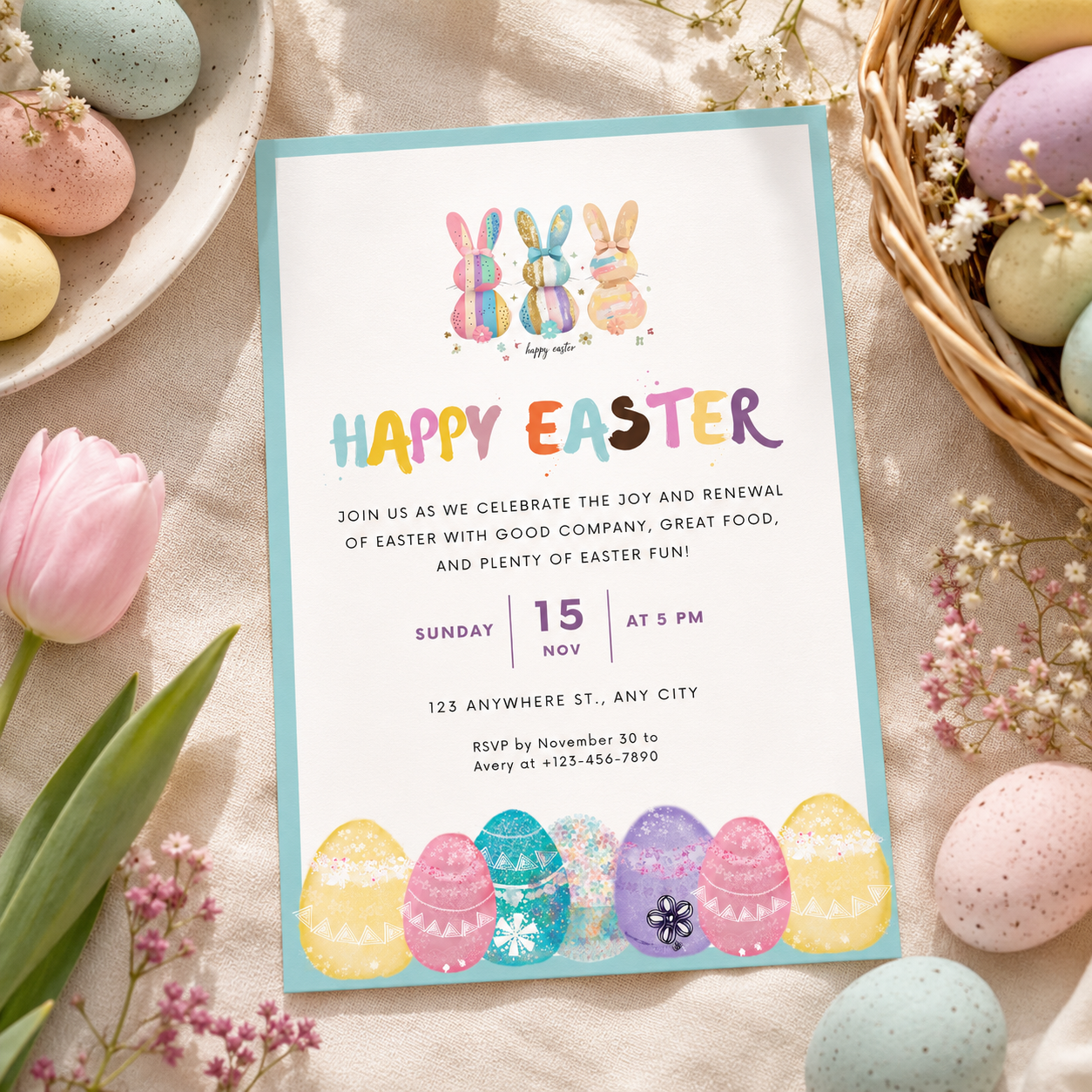 Easter invitation with three painted bunnies and a row of decorated Easter eggs