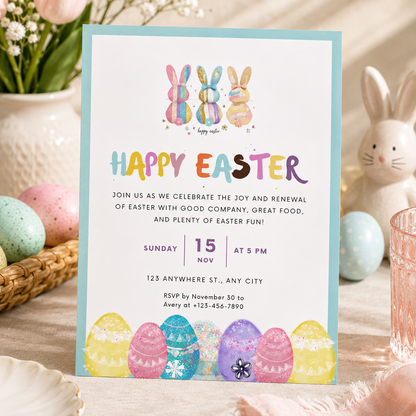 Printable Easter egg hunt invitation template in pastel colours, editable in Canva