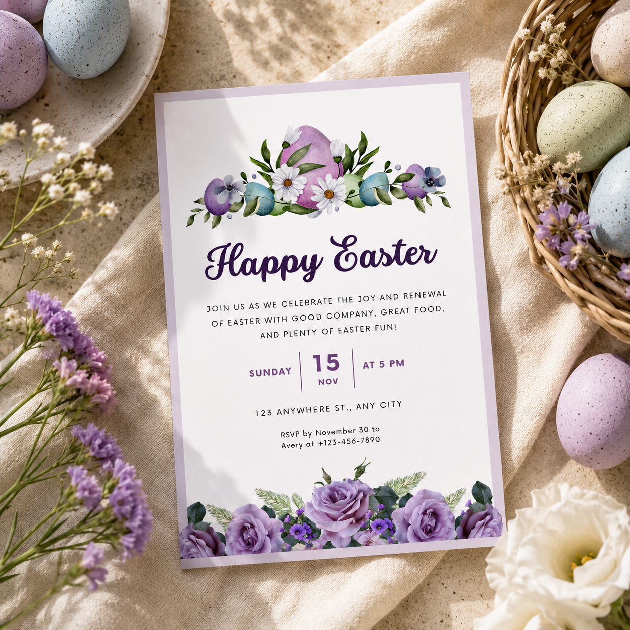 Floral Easter invitation in purple with a watercolour egg and daisy garland and lilac roses