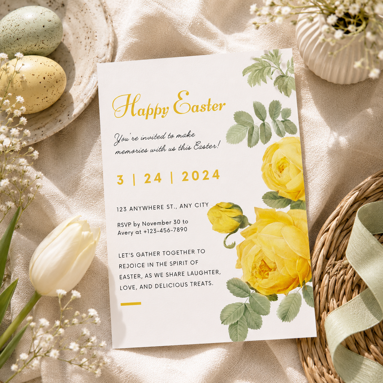 Yellow rose Easter invitation with vintage botanical garden roses and foliage
