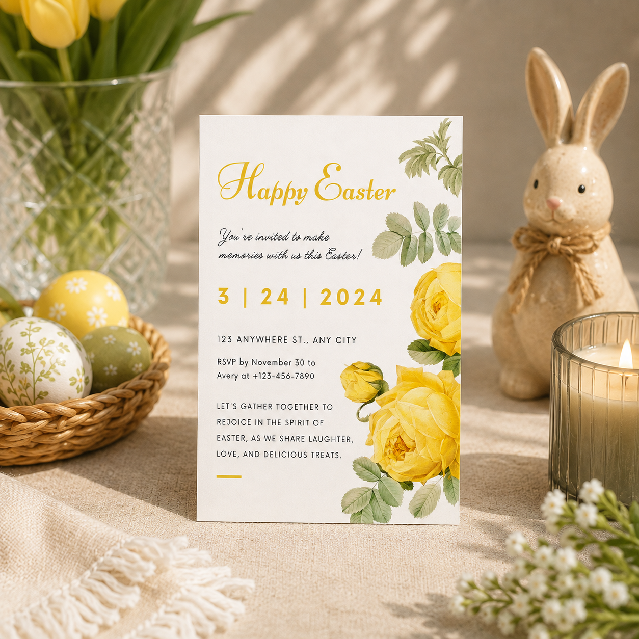 Printable Easter Sunday invitation template in yellow and green, editable in Canva