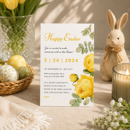 Printable Easter Sunday invitation template in yellow and green, editable in Canva