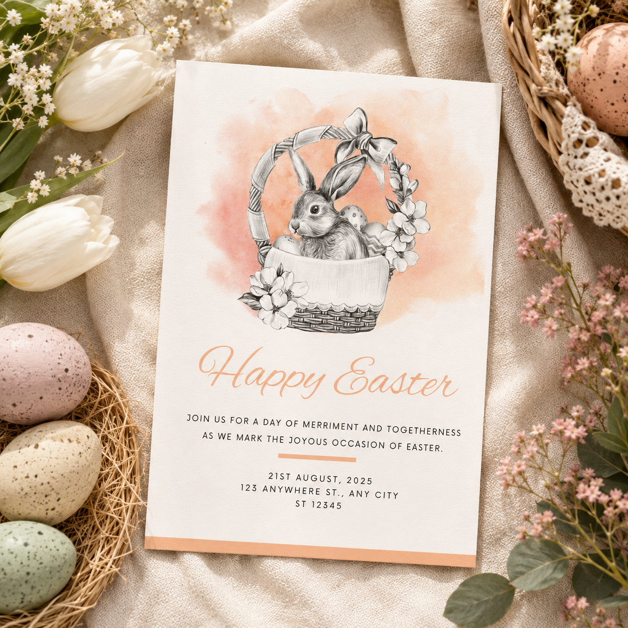 Easter bunny invitation with a pencil sketched rabbit in a flower trimmed basket
