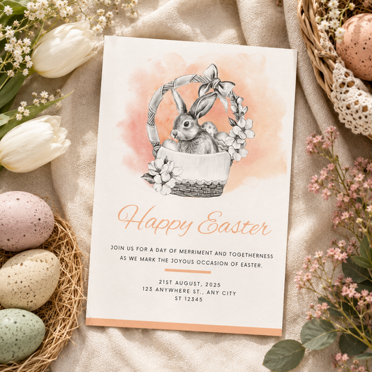 Easter bunny invitation with a pencil sketched rabbit in a flower trimmed basket