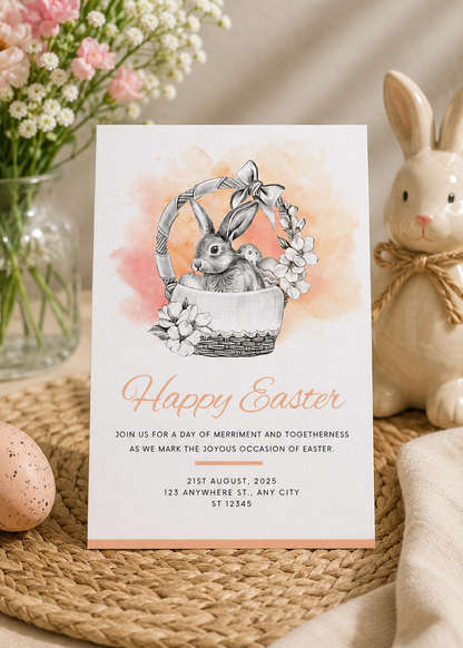 Printable peach watercolor Easter invitation template, editable in Canva