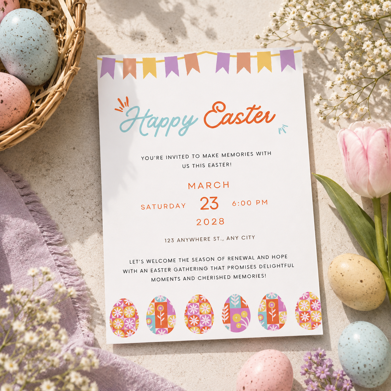 Easter egg hunt invitation with bunting flags and folk art patterned eggs
