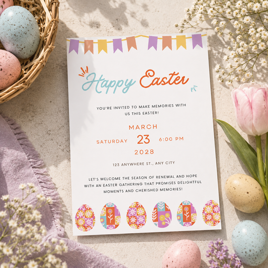 Easter egg hunt invitation with bunting flags and folk art patterned eggs