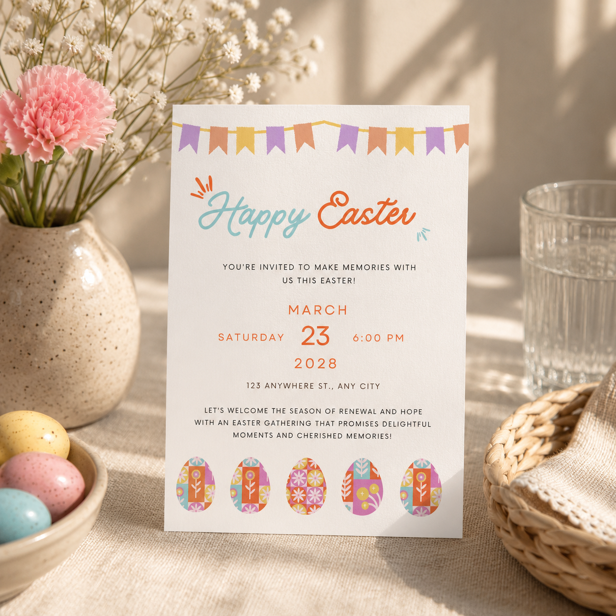 Printable Easter party invitation template in teal and orange, editable in Canva