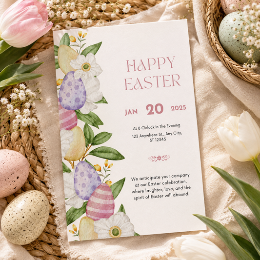 Pink Easter invitation with a watercolour column of decorated eggs and white blossom