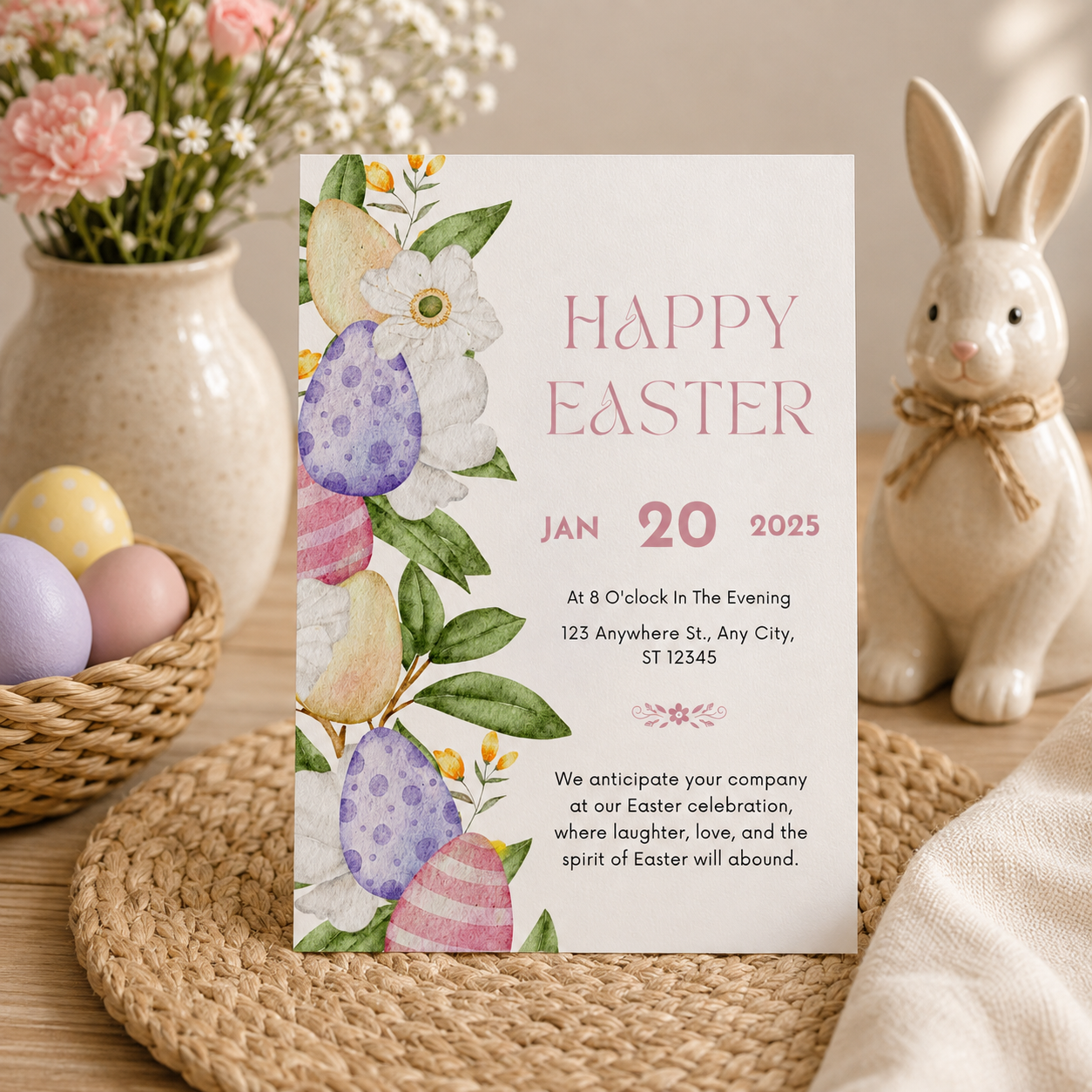 Printable Easter invitation template in soft pink and cream, editable in Canva