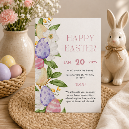 Printable Easter invitation template in soft pink and cream, editable in Canva
