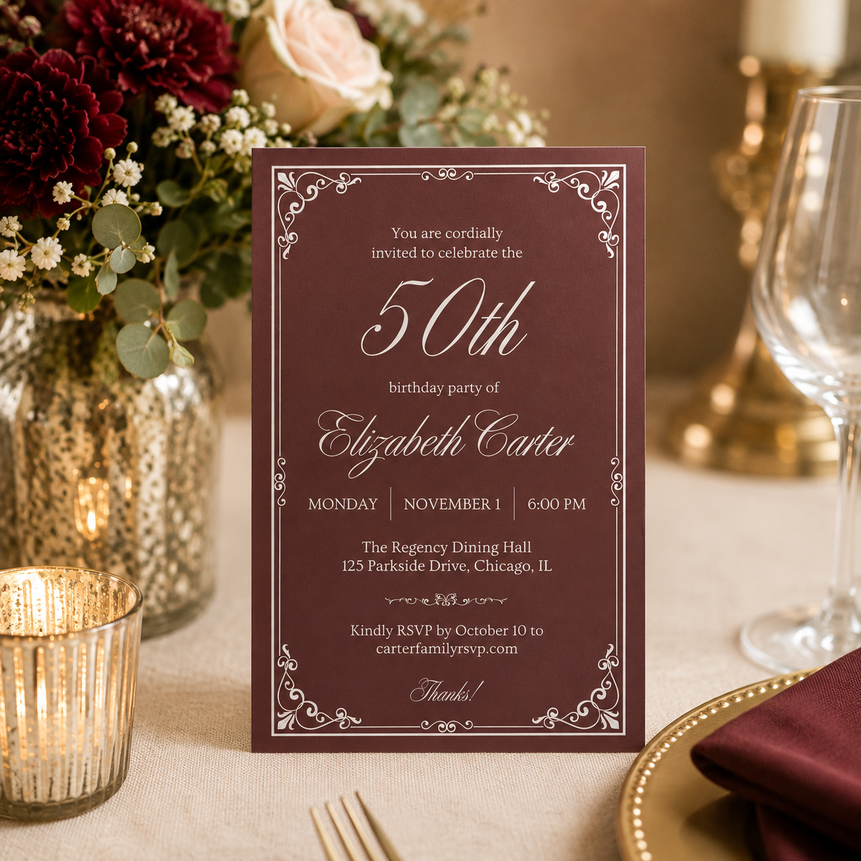 Matching 50th birthday e-vite sized for a phone screen, editable in Canva