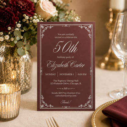 Matching 50th birthday e-vite sized for a phone screen, editable in Canva