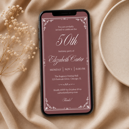 Printable milestone birthday invitation template with script numeral, editable in Canva