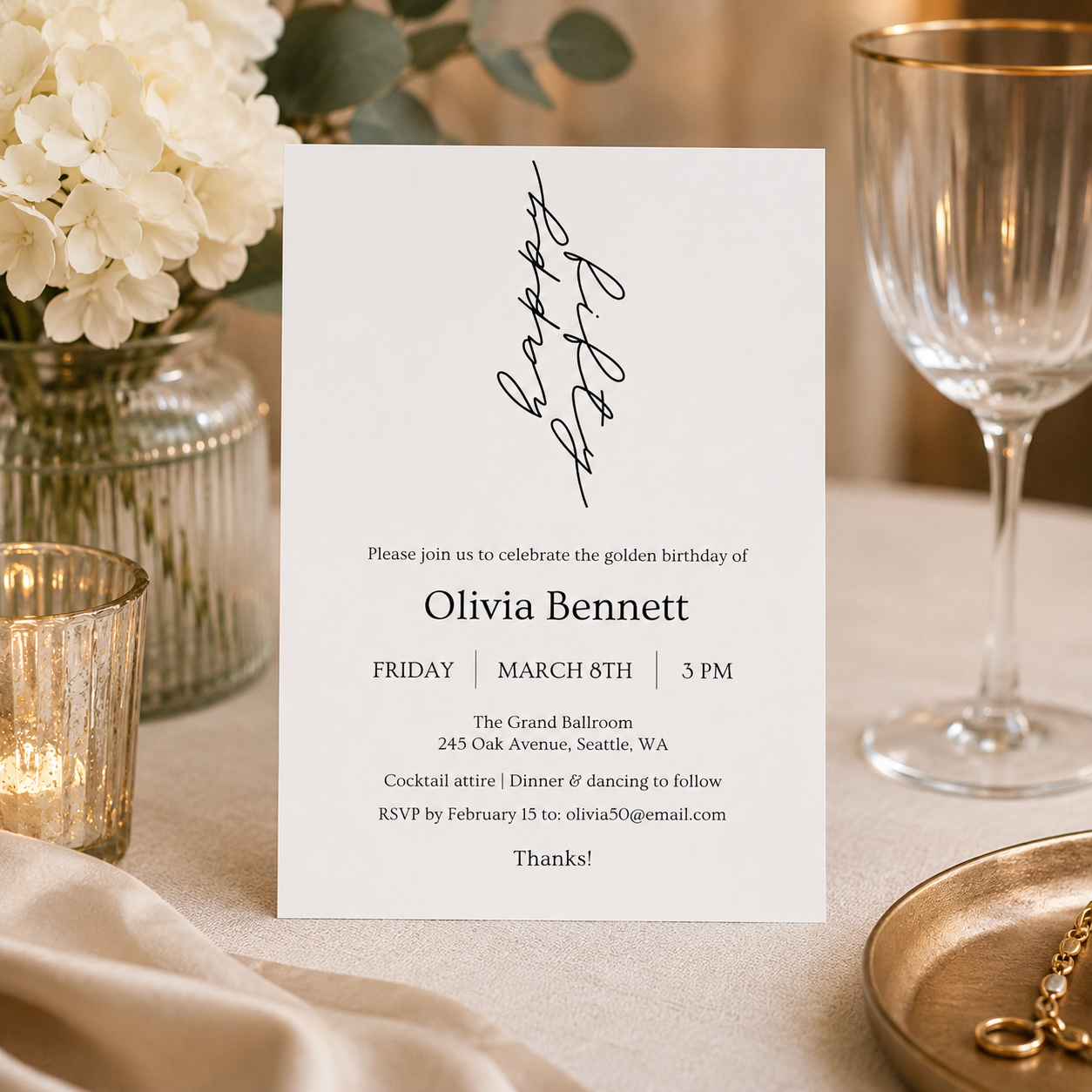 Minimalist 50th birthday invitation in black and white with a loose script headline