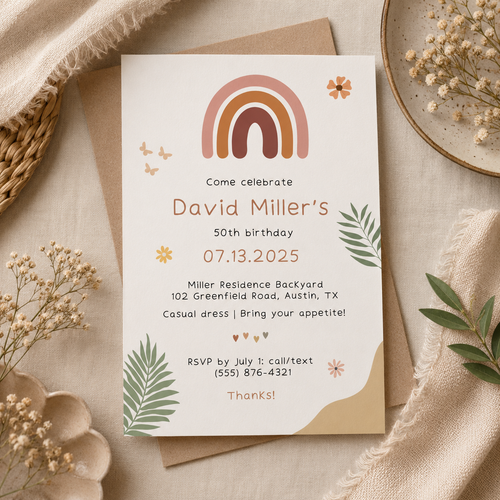Printable boho birthday invitation template with arched rainbow and fronds