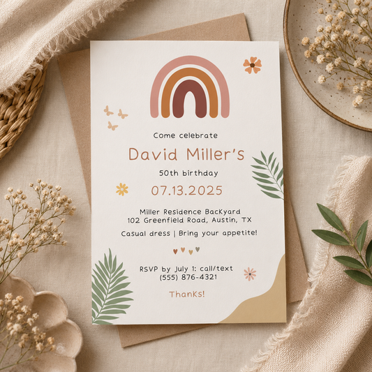 Printable boho birthday invitation template with arched rainbow and fronds