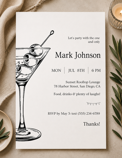 Printable martini birthday invitation template on US Letter, editable in Canva