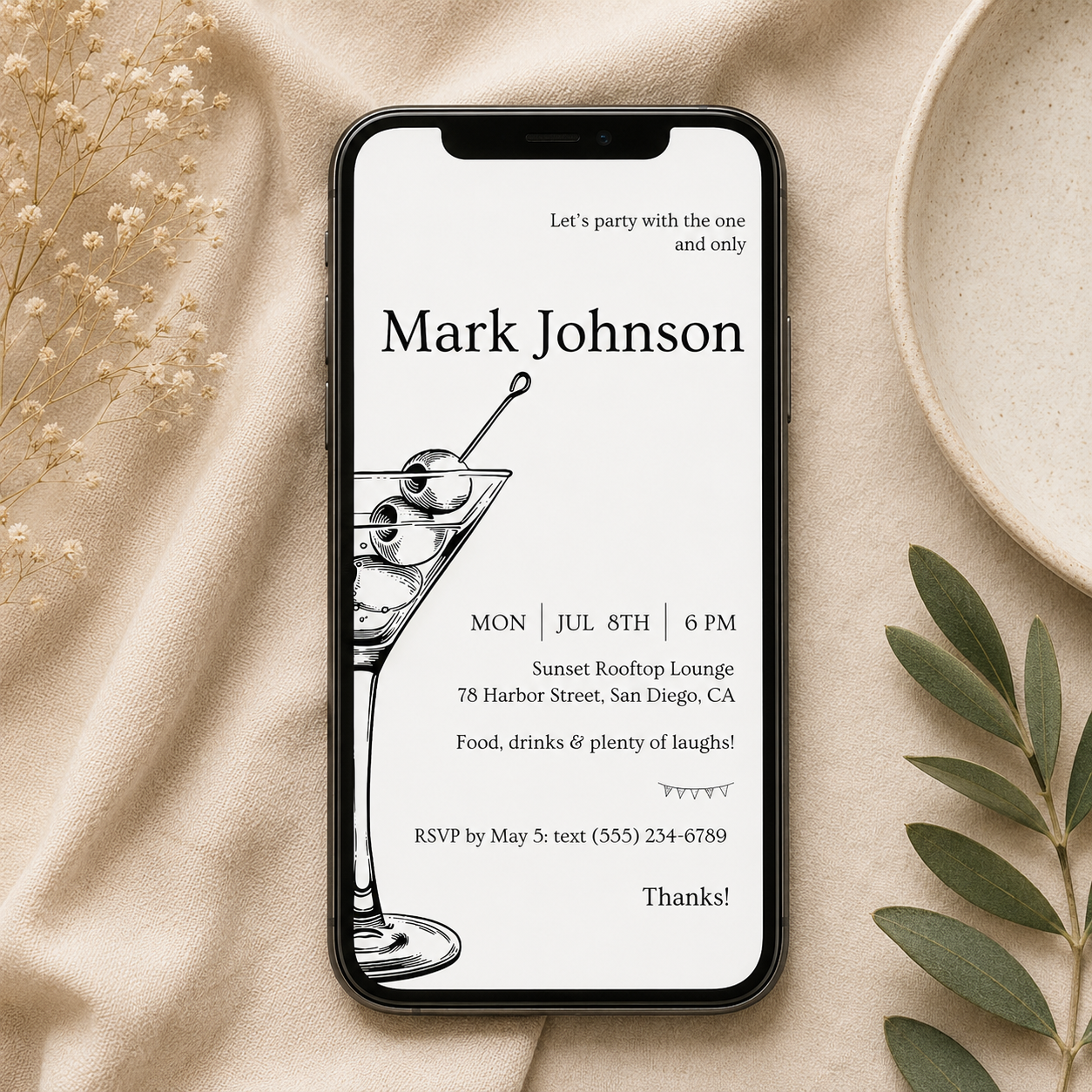 Matching cocktail party e-vite sized for a phone screen, editable in Canva