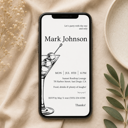 Matching cocktail party e-vite sized for a phone screen, editable in Canva