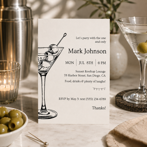 Black and white martini cocktail party birthday invitation with olives and bunting