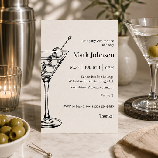 Black and white martini cocktail party birthday invitation with olives and bunting