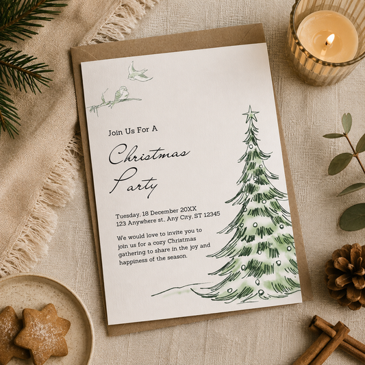 Watercolor Christmas tree party invitation in soft green with two small birds